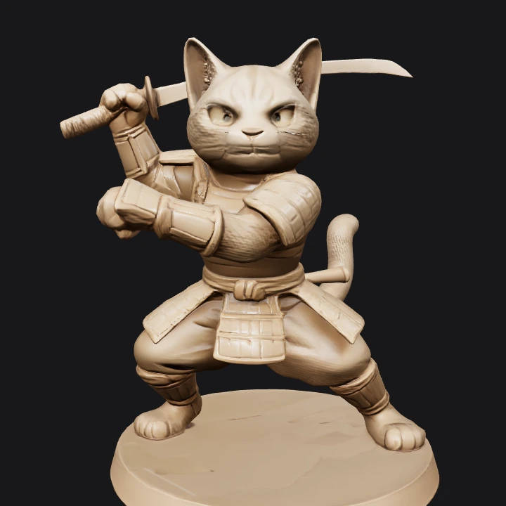 Anthropomorphic cat samurai figurine with sword. complex geometry, sharp edges, game-ready, character.