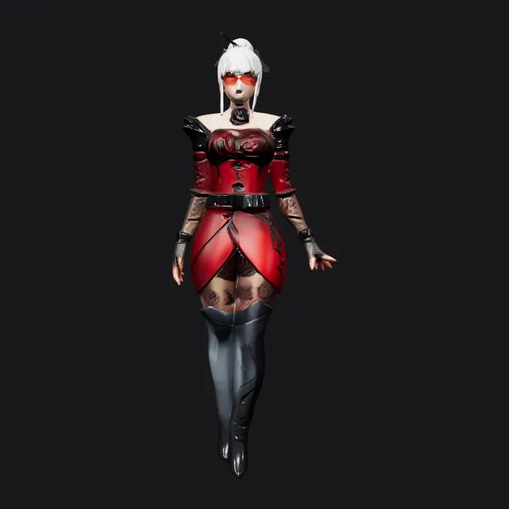 female character in red and black fantasy outfit. sharp edges, complex geometry, character, symmetric geometry.