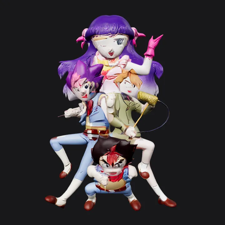 Four anime-style children posing dynamically. complex geometry, smooth edges, character.