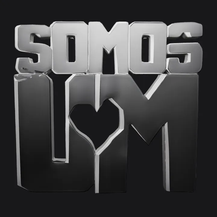 Black logo text 'SOMOS UM' with heart shape. sharp edges, simple geometry.