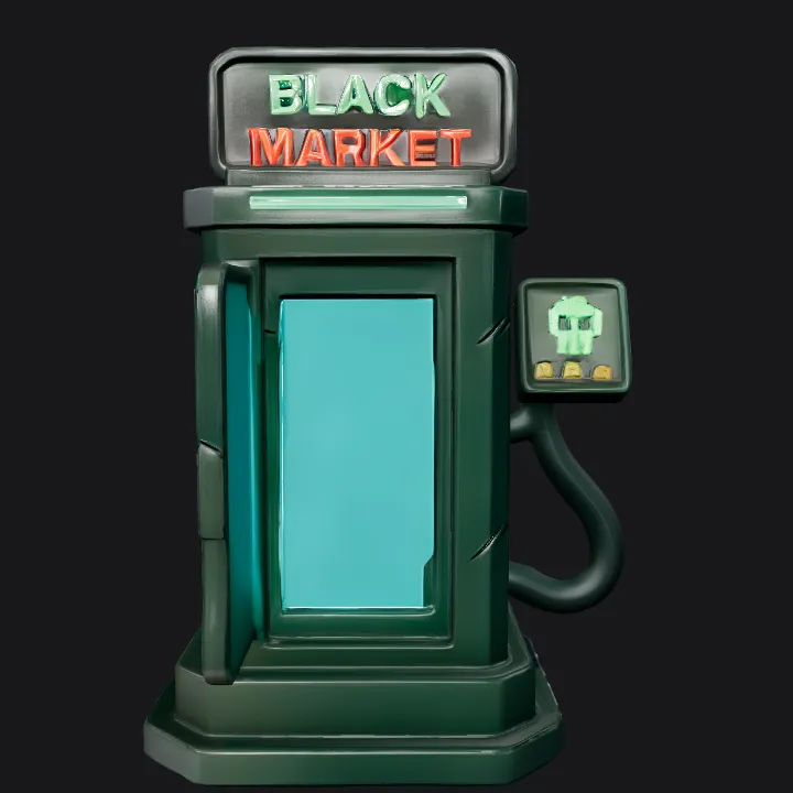 futuristic vending machine labeled 'Black Market'. sharp edges, simple geometry, game-ready, symmetric geometry.