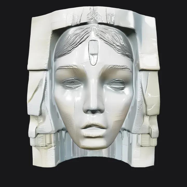 Large stone sculpture resembling a person. sharp edges, complex geometry, character.