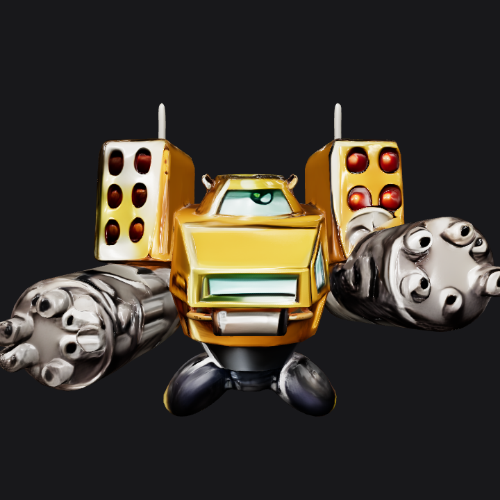 Cartoon yellow armored robot vehicle with weapons. complex geometry, game-ready, sharp edges, character.