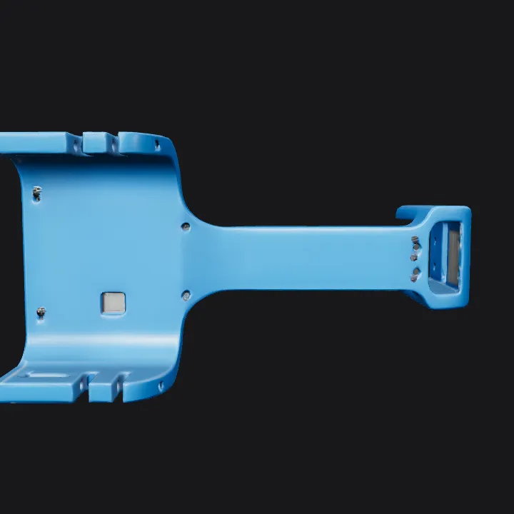 Blue mechanical bracket with handle. sharp edges, simple geometry, game-ready, symmetric geometry.