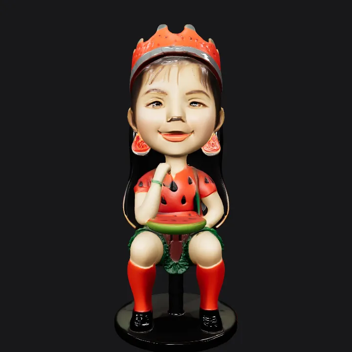 girl figurine in watermelon-themed outfit. smooth edges, complex geometry, character, symmetric geometry.