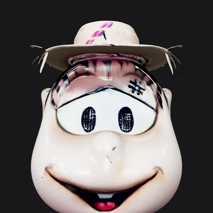 Cartoonish boy face mask with straw hat. smooth edges, simple geometry, character.
