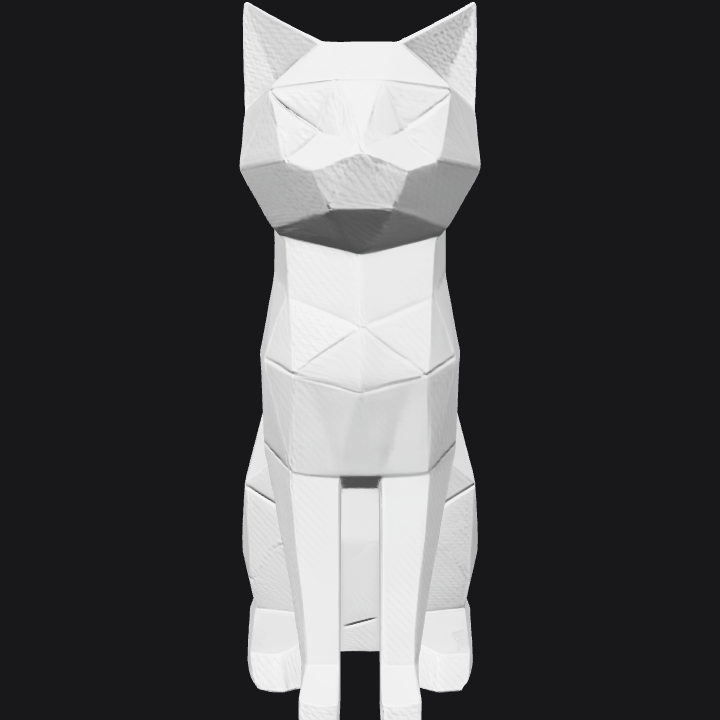 Low-poly geometric cat sculpture. sharp edges, simple geometry, game-ready, character, symmetric geometry.