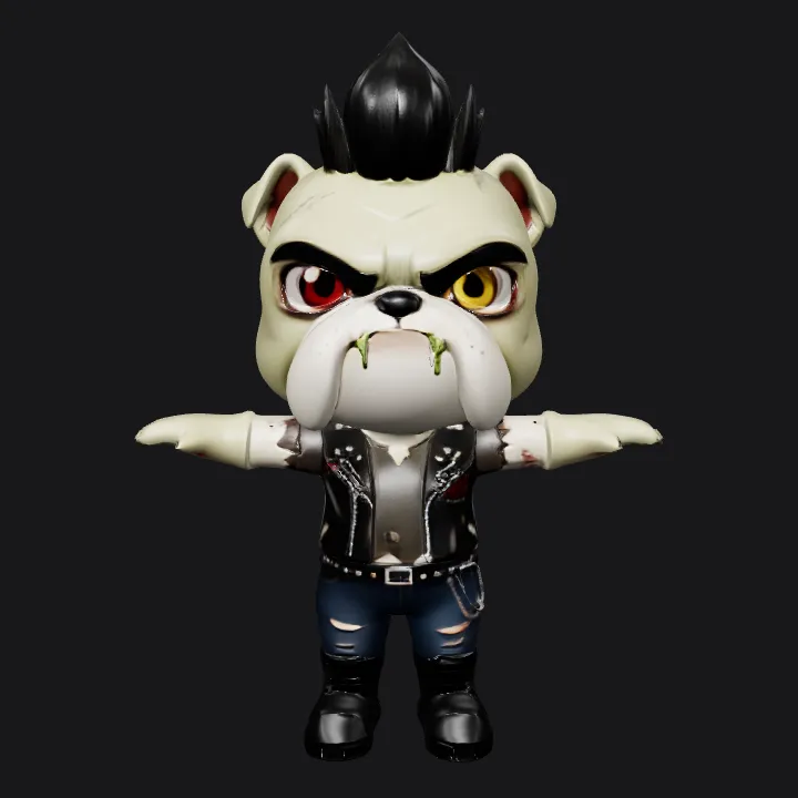 Zombie bulldog punk character toy. smooth edges, complex geometry, game-ready, character, symmetric geometry.
