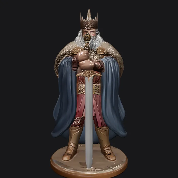 Medieval king holding a sword. complex geometry, smooth edges, character, symmetric geometry.