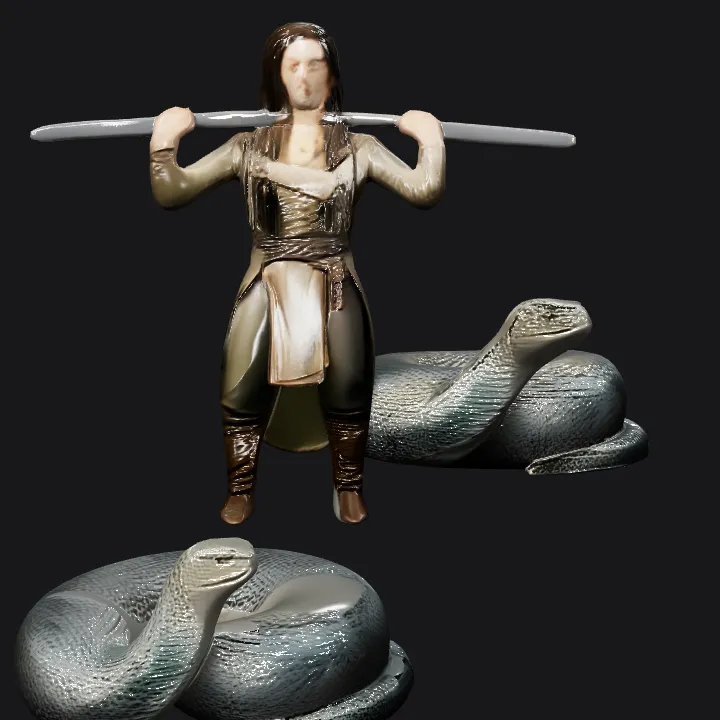 Person playing flute with snake and magic key. complex geometry, character.