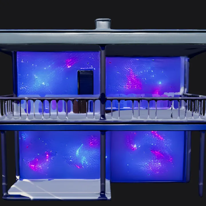 Modern two-story house with galaxy textures. sharp edges, complex geometry, game-ready, symmetric geometry.