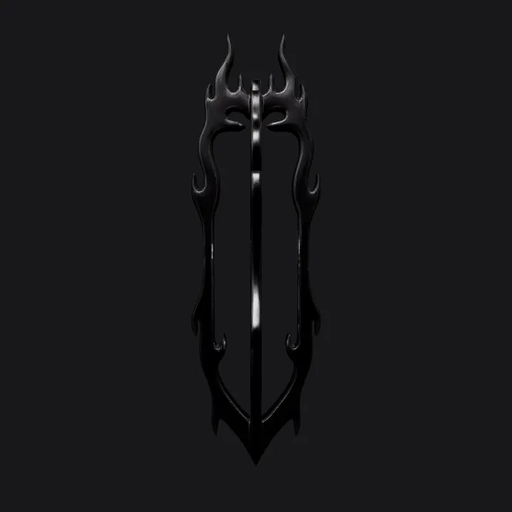 Stylized flame-shaped frame or emblem. sharp edges, simple geometry, symmetric geometry.