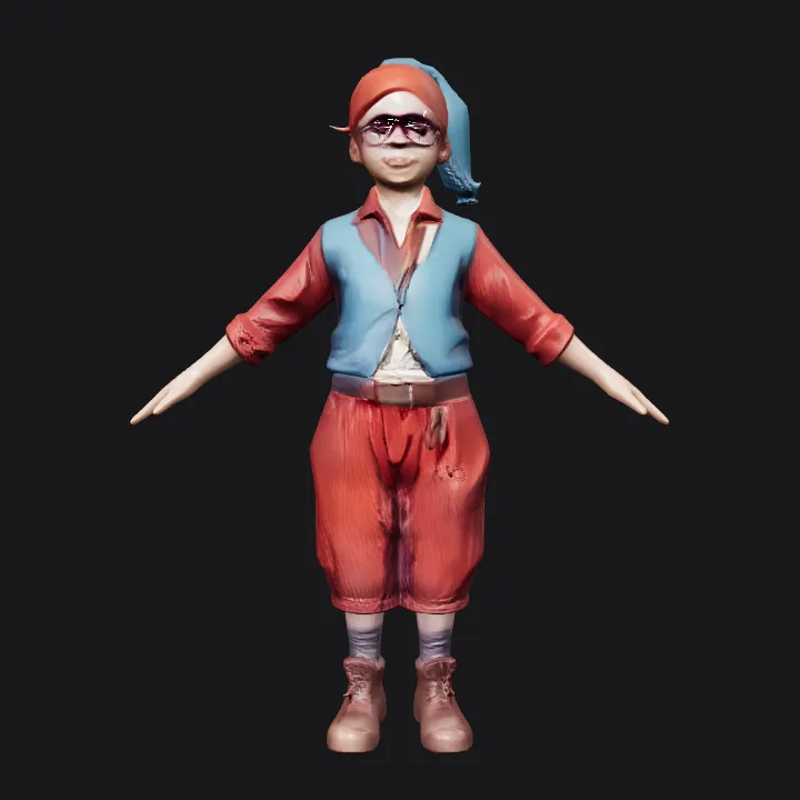 boy in red costume and blue vest. smooth edges, complex geometry, character, symmetric geometry.