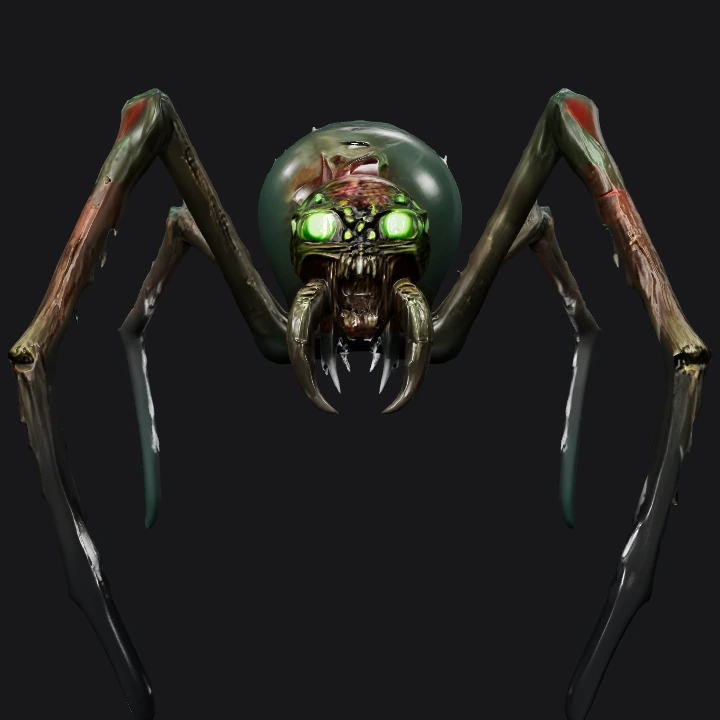 Giant mutant spider in destroyed city. sharp edges, complex geometry, game-ready, character.