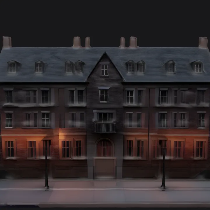 Empty street with old brick buildings. sharp edges, complex geometry.