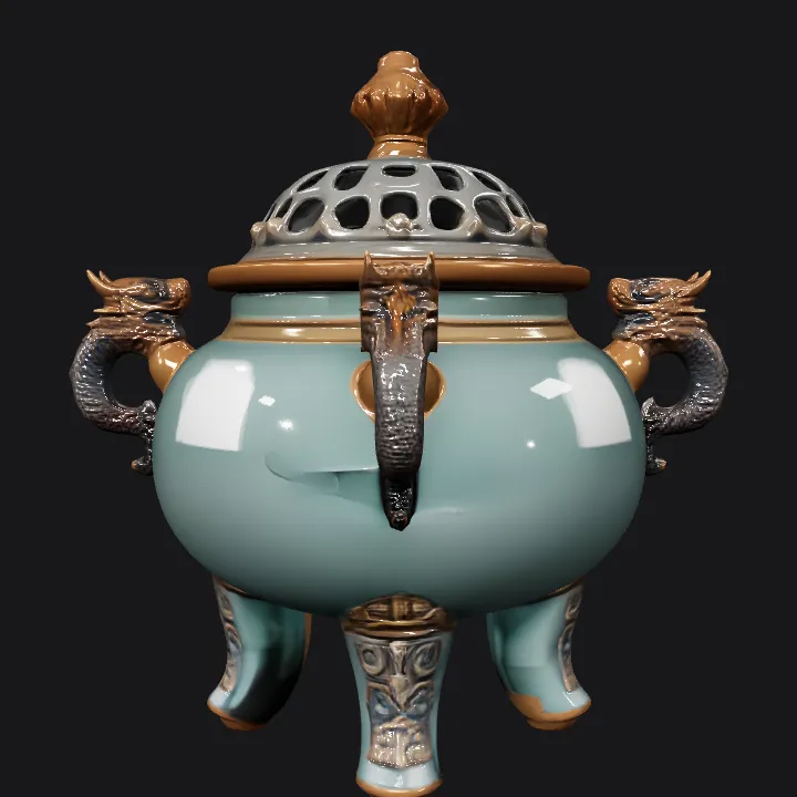 Ornate ceramic incense burner with dragon handles. complex geometry, smooth edges, sharp edges, symmetric geometry.