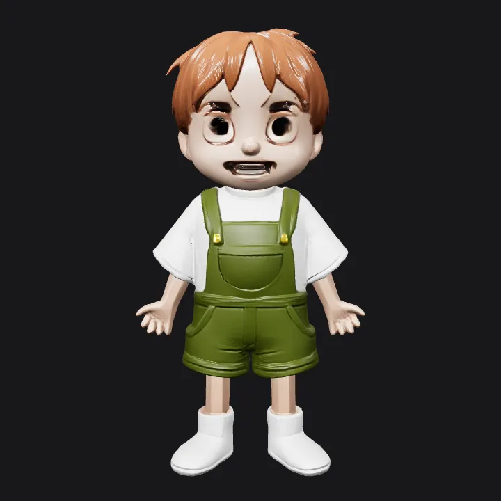 young child wearing green overalls. smooth edges, simple geometry, character, symmetric geometry.
