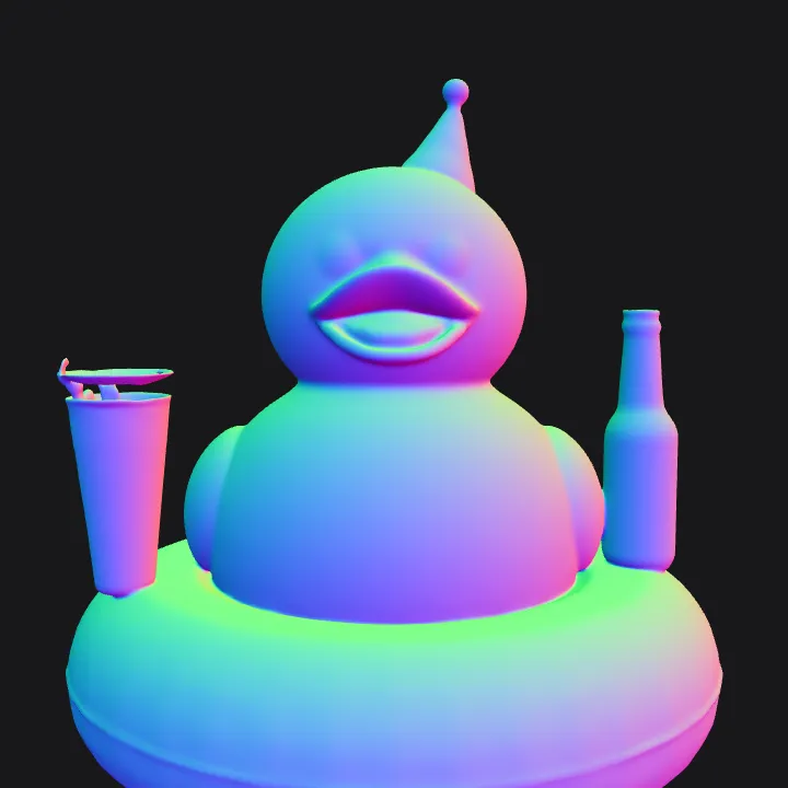 Party rubber duck with a bottle. smooth edges, simple geometry.