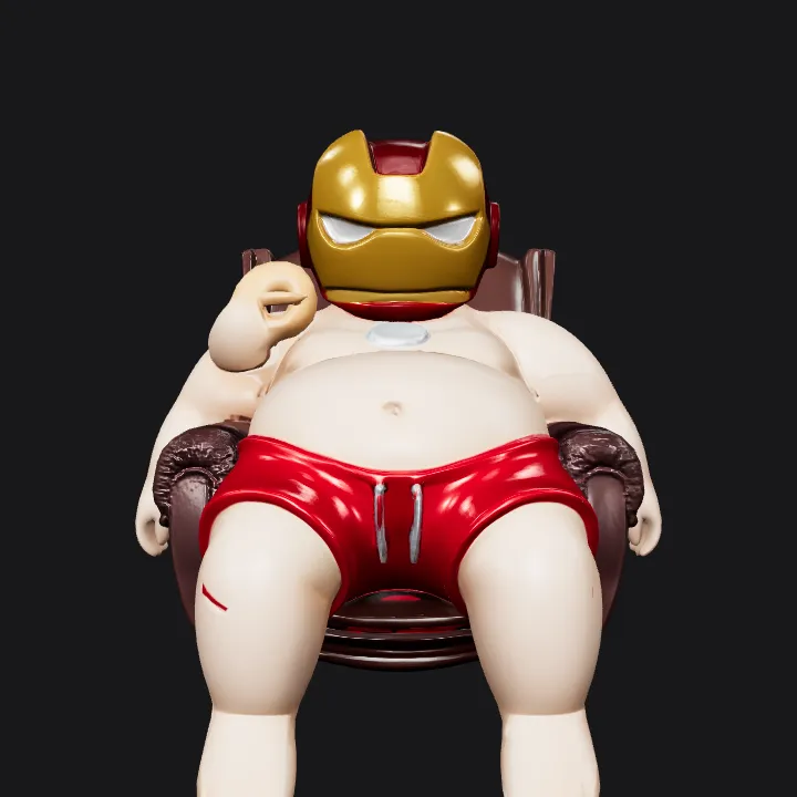 Chubby man in Iron Man helmet eating donut. smooth edges, complex geometry, character.