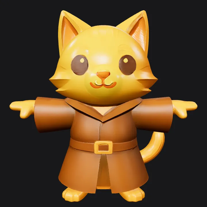 Cartoon cat in a robe. smooth edges, simple geometry, game-ready, character, symmetric geometry.