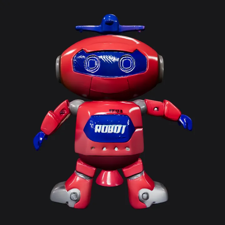 Red toy robot with blue hands. smooth edges, simple geometry, character, symmetric geometry.