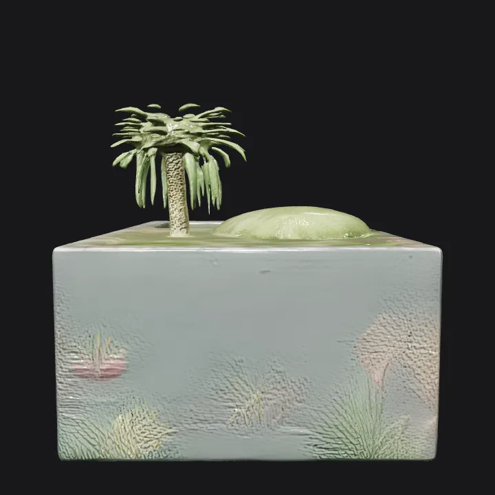 Palm trees by a river in nature. complex geometry, smooth edges.