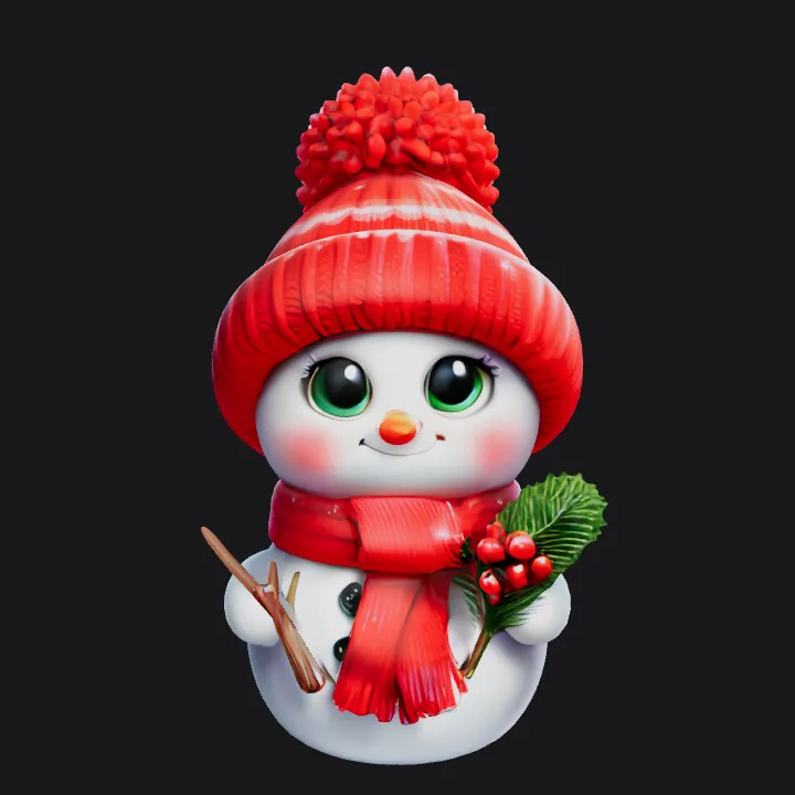 Snowman with red hat and scarf. smooth edges, simple geometry, game-ready, character, symmetric geometry.