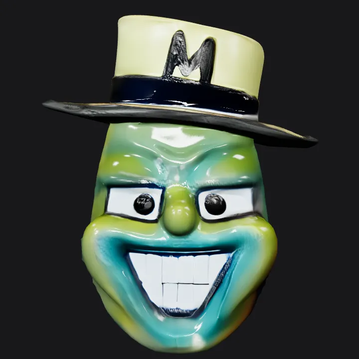 Cartoonish green face with yellow hat. sharp edges, complex geometry, character.