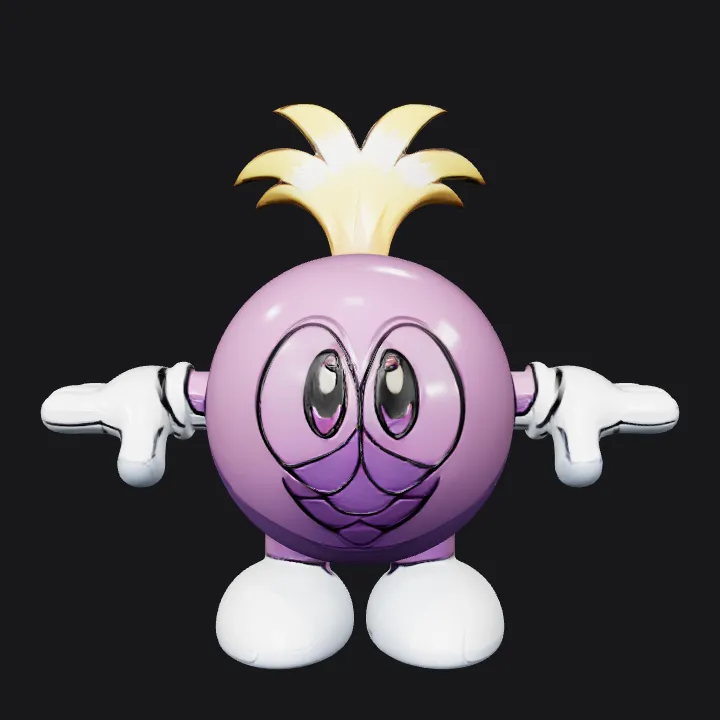 Cartoon purple creature with gloves and shoes. smooth edges, simple geometry, game-ready, character.