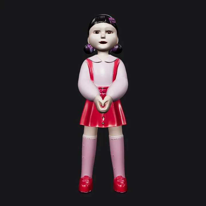 girl doll in red dress. smooth edges, simple geometry, character, symmetric geometry.