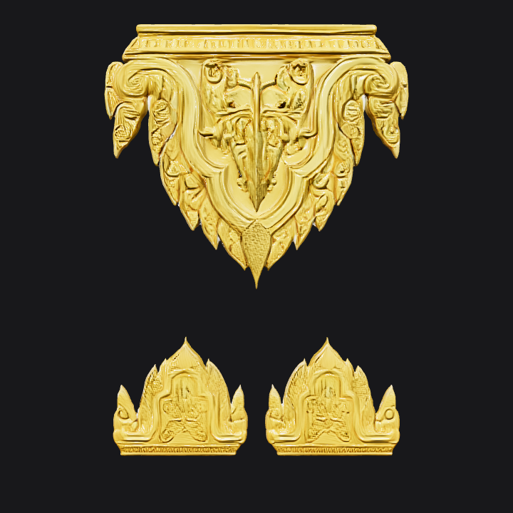 Four golden sword-like objects on black background. sharp edges, simple geometry, symmetric geometry.