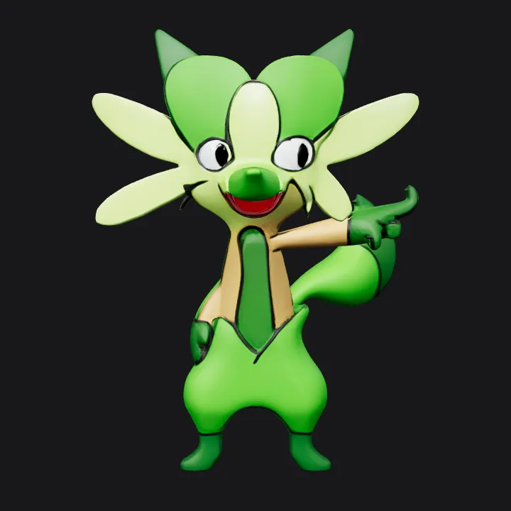 Cartoon green fox character pointing. smooth edges, complex geometry, character.