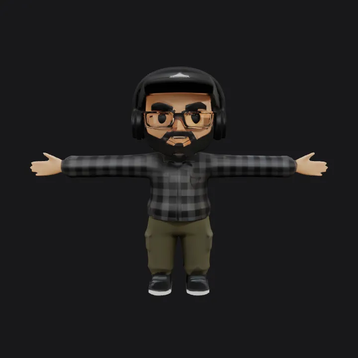 Cartoon figure wearing headphones and casual clothes. smooth edges, complex geometry, game-ready, character, symmetric geometry.