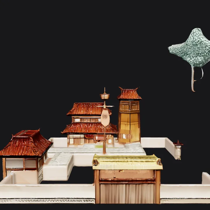 Ancient East Asian-style building complex. sharp edges, complex geometry.