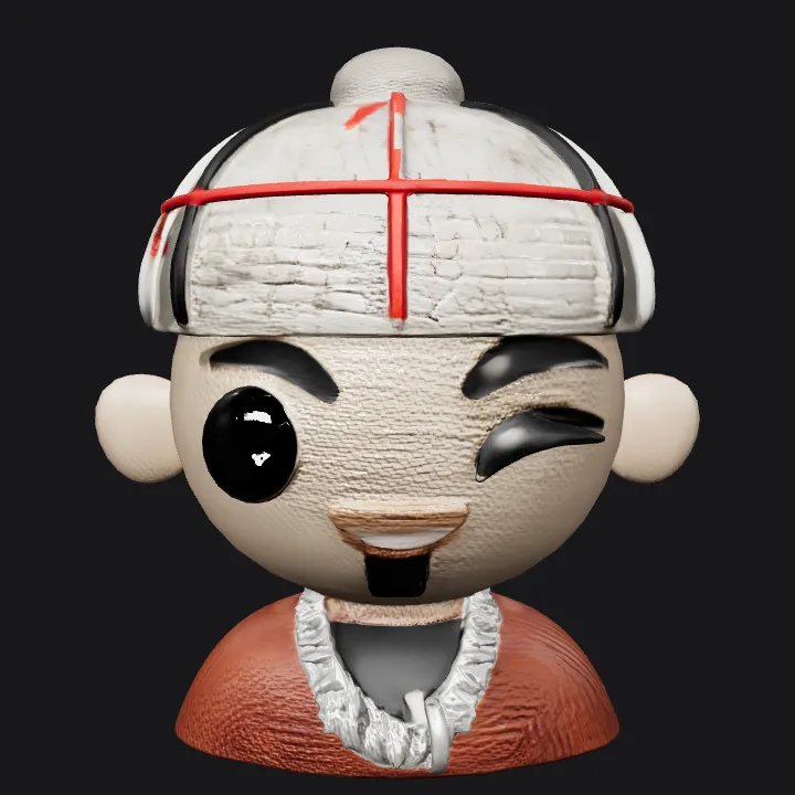 cartoonish winking boy with cap and chain. smooth edges, simple geometry, game-ready, character.