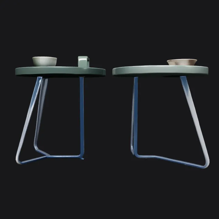 Two round metal side tables with objects. smooth edges, simple geometry.