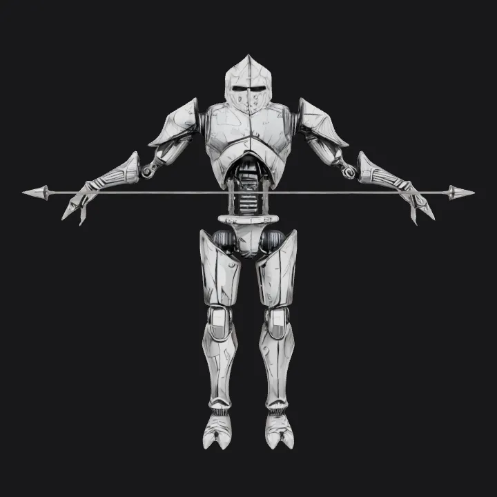 Medieval robot archer character concept. sharp edges, complex geometry, game-ready, character, symmetric geometry.