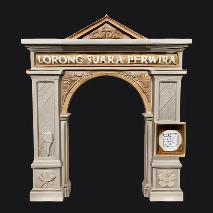 Decorative archway with text and QR code. sharp edges, complex geometry, symmetric geometry.