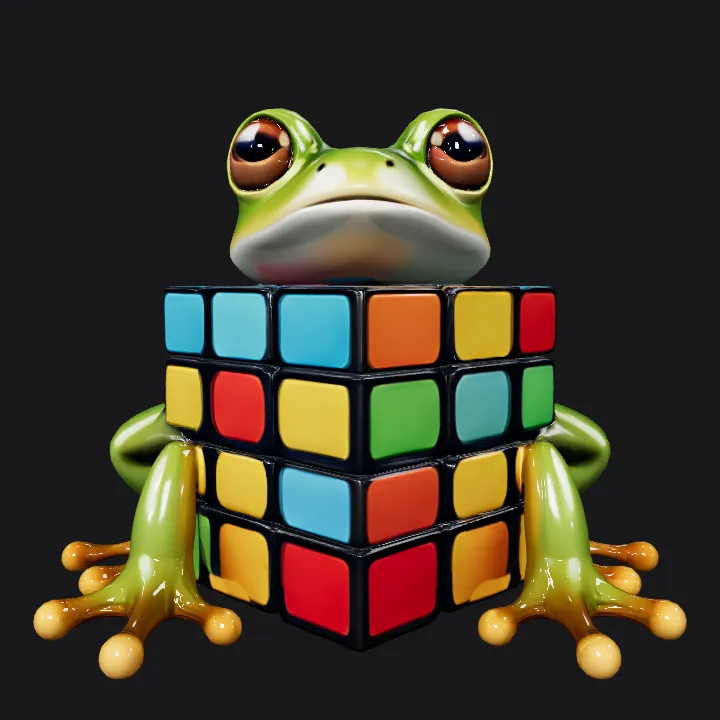 Frog holding a Rubik's Cube. smooth edges, complex geometry, sharp edges, character.