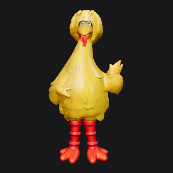 Tall yellow bird character with orange legs. complex geometry, smooth edges, character.