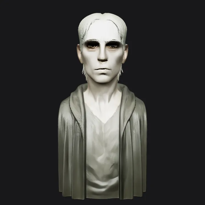 person in dark robe, upper body. smooth edges, complex geometry, character, symmetric geometry.