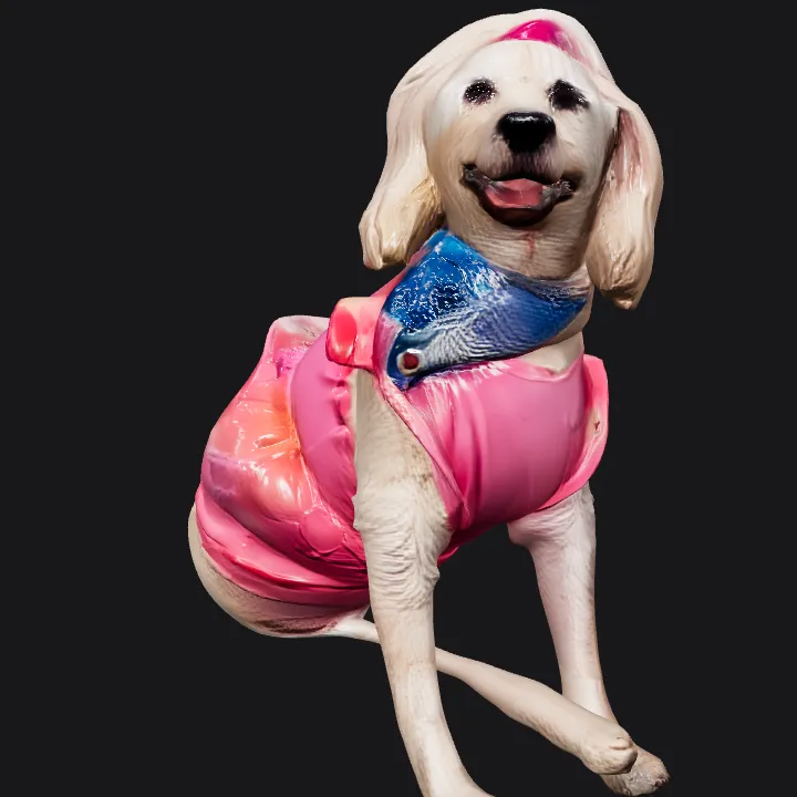 Dog dressed in pink clothing and scarf. smooth edges, complex geometry, character.