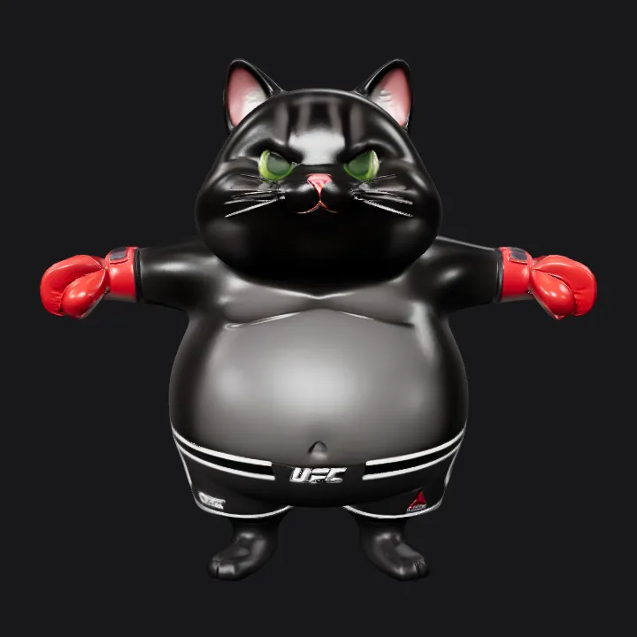 Cartoon cat boxer in UFC outfit. smooth edges, simple geometry, game-ready, character, symmetric geometry.