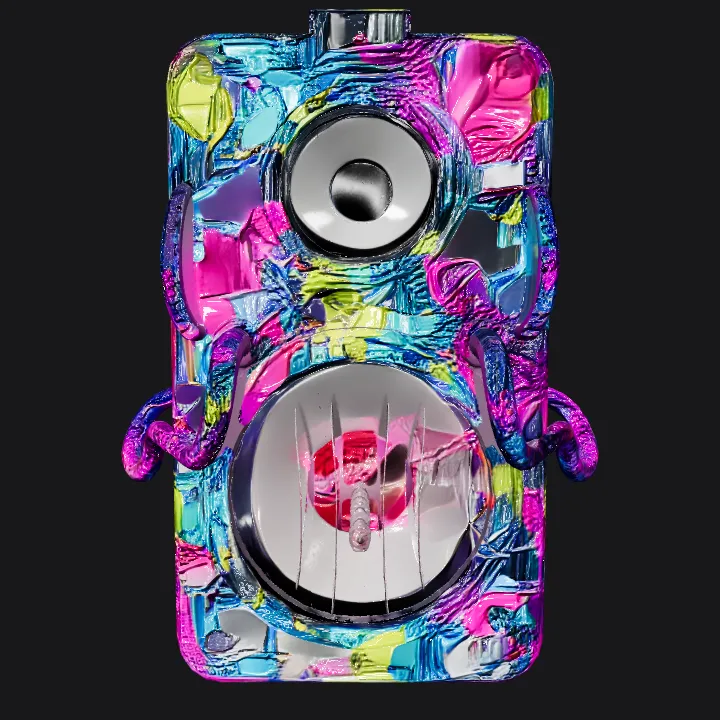 Colorful speaker emitting sound waves. complex geometry, sharp edges, game-ready, symmetric geometry.