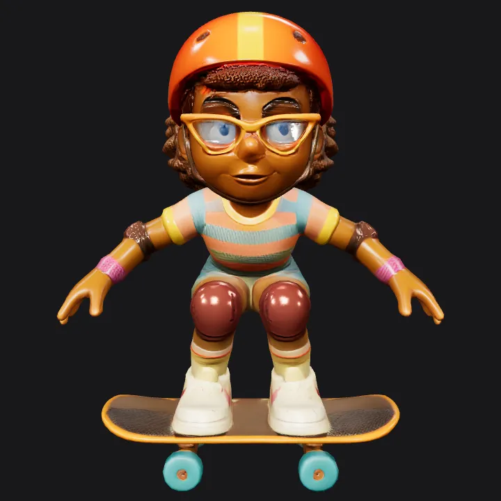 child riding skateboard outdoors. complex geometry, smooth edges, character.