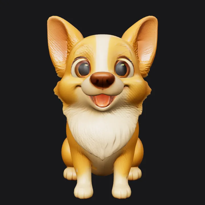 Cute cartoon dog sitting on floor. smooth edges, simple geometry, game-ready, character, symmetric geometry.