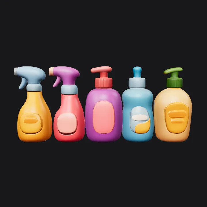 Colorful plastic spray and pump bottles. smooth edges, simple geometry, game-ready, symmetric geometry.