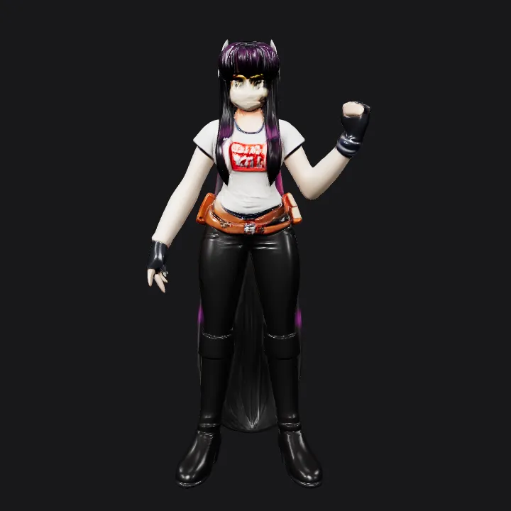 Anime-inspired female action figure with purple hair. smooth edges, complex geometry, game-ready, character.