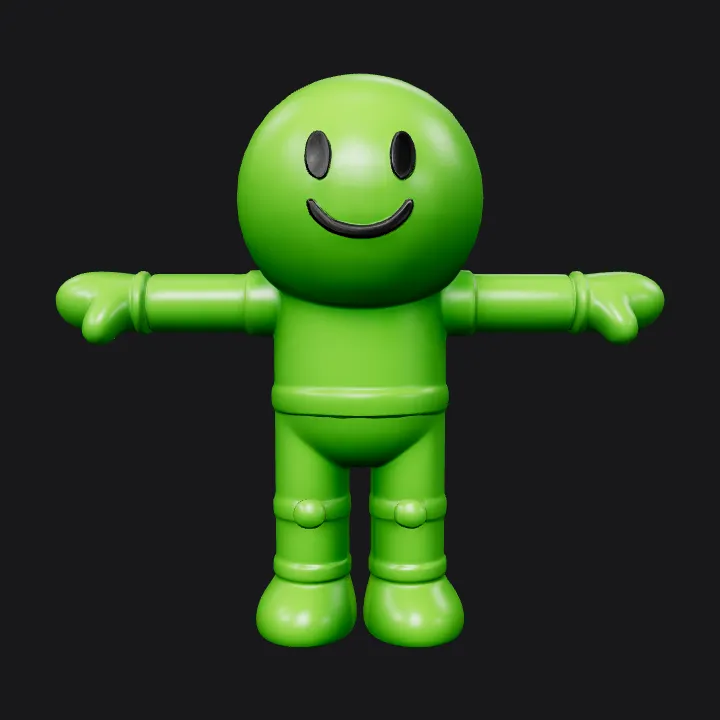 green cartoon humanoid figure with smiling face. smooth edges, simple geometry, game-ready, character, symmetric geometry.