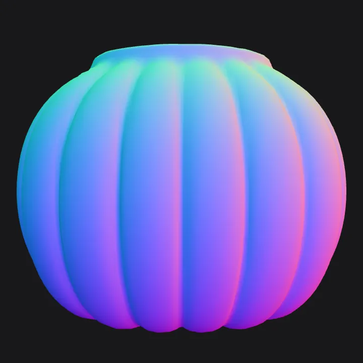 Orange pumpkin-shaped vase. smooth edges, simple geometry, symmetric geometry.